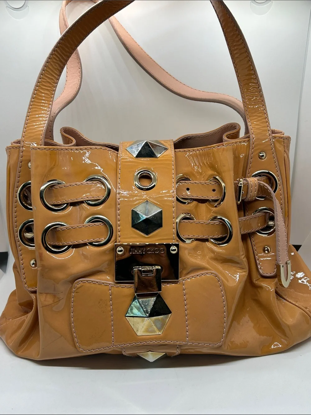 Jimmy Choo Ramona Tan Leather Metal Studded Hobo Shoulder Bag Purse 🔥🔥